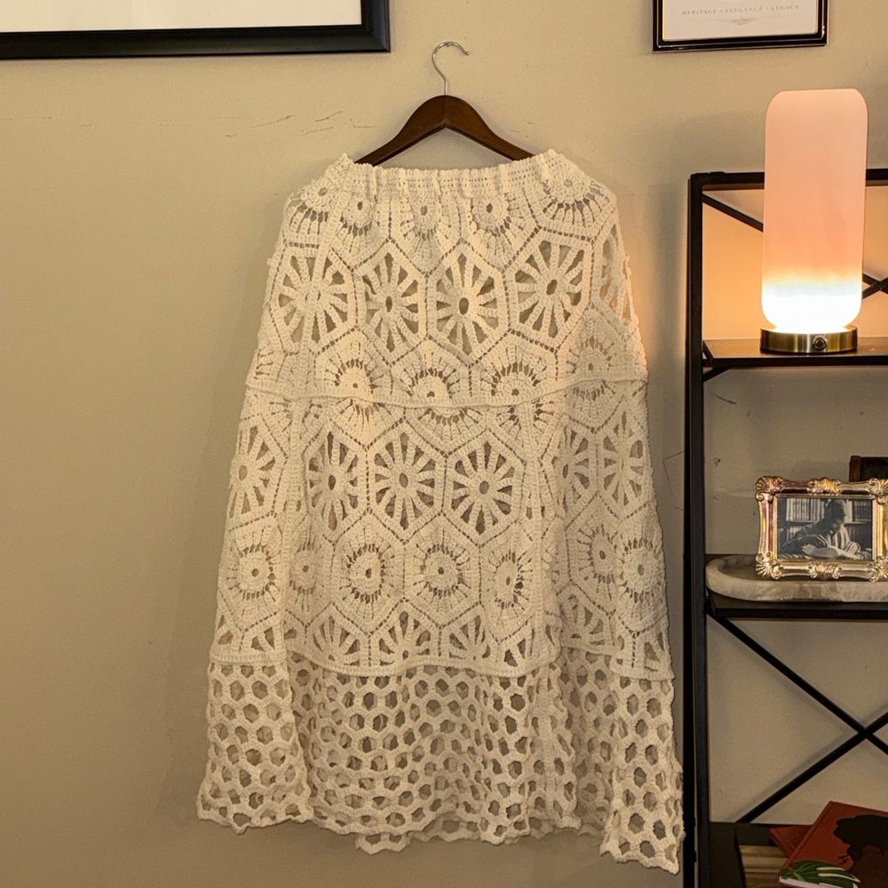 POL Crochet Lace Maxi Skirt Cream Boho Tiered Skirt One Size